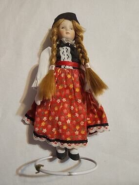 International Doll Porcelain Red Floral Dress Red Braided Hair 8.5" Vintage